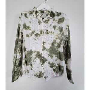 Sundance Womens Green & White Tie-Dye Eyelet Button-Up Shirt Medium 100% Cotton
